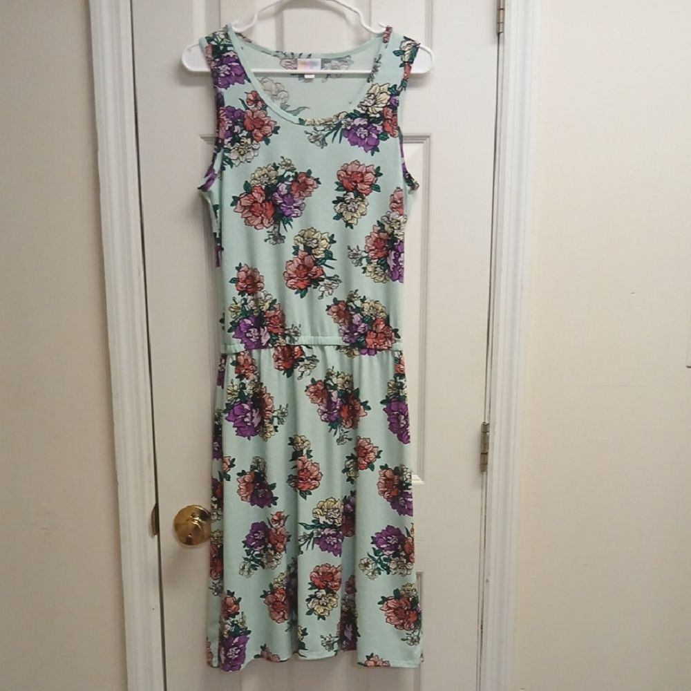 LULAROE Floral Sleeveless Dress Elastic Waist Size M. Mint Green